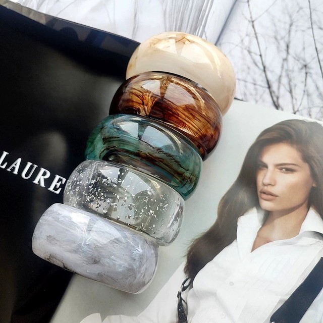 Vintage Marble Grain Semi-Transparent Gold Foil Resin Bangle Statement Chunky Acrylic Bracelet for Women