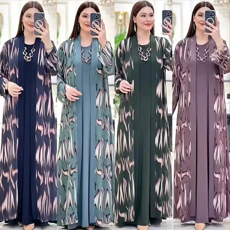 2024 nahost-mode druck langärmlig elegant lässig abaya kaftan stil gewand afrikanische frauen zweiteiliges set Übergröße