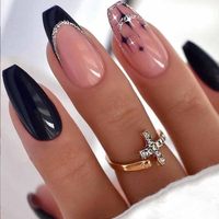 Uñas postizas al por mayor con diseño de ataúd, negras, francesas, con purpurina plateada, uñas acrílicas personalizadas con etiqueta privada
