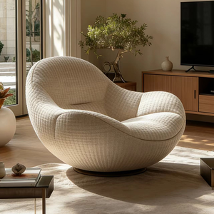 Poltrona Girevole Moderna in Bouclé Stile Nordico Bianco <span class=keywords><strong>Crema</strong></span> Circolare per Soggiorno Arredo di Lusso Confortevole - Product Image 1
