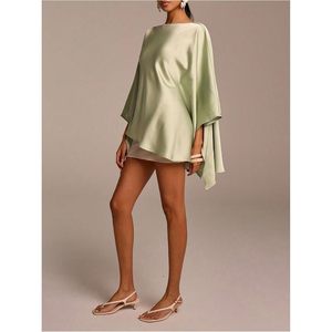 Women's <b>Satin</b> Poncho Top 3/4 Sleeve Boat Neck Asymmetrical Silk <b>Blouse</b> Party Wear - Product Image 5