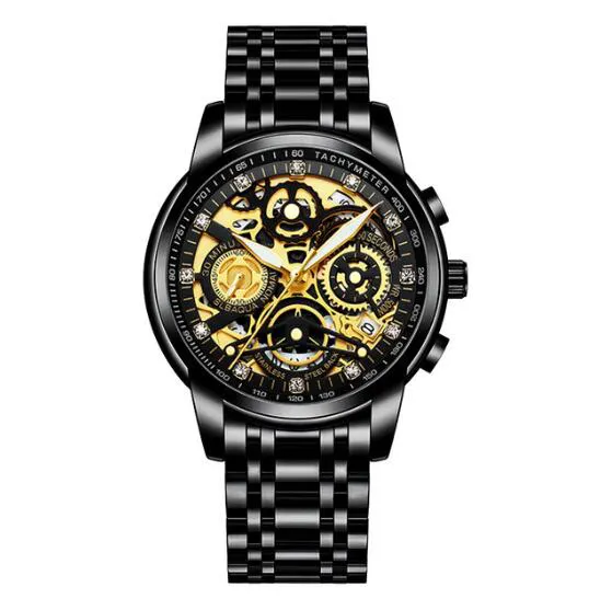Мужские часы с вырезами и стальным ремешком золотые высококачественные кварцевые часы светящиеся водонепроницаемые