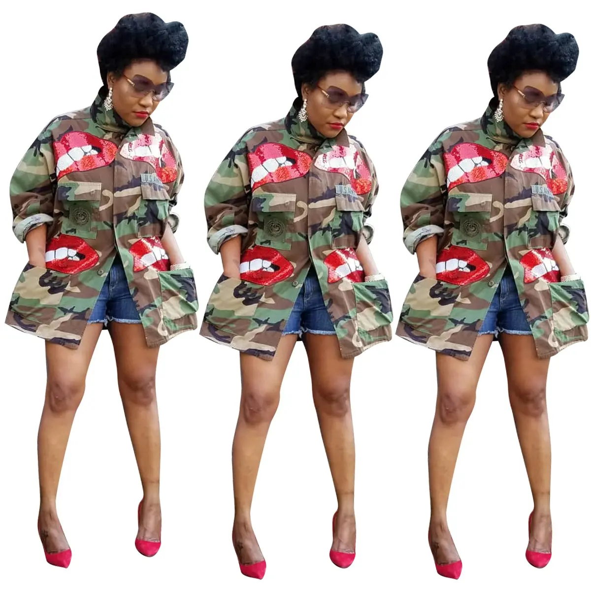 2023 Denim Long Sleeves Plus size 6XL Green Women Jacket Pocket stand collar camouflage sequined lips camouflage jacket