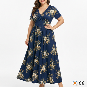 Vestidos Africanos para Mujer, Tallas Grandes, Estampado Floral Personalizado, Vestido Maxi con Cuello en V, Manga Corta, Corte en A, Tela Elástica, ODM, Tallas S-5XL - Product Image 1