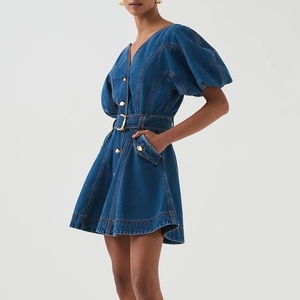 Vestido vaquero mini <span class=keywords><strong>de</strong></span> <span class=keywords><strong>mujer</strong></span> con diseño personalizado, nuevo, <span class=keywords><strong>de</strong></span> verano, con botones frontales, cuello en V, corte A, informal, lavado, azul. - Product Image 3