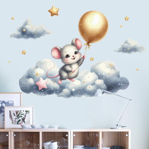 Autocollant mural petite <span class=keywords><strong>souris</strong></span> avec étoiles et nuages, autocollants muraux pour chambre d'enfant, salon, vinyle auto-adhésif amovible - Product Image 3