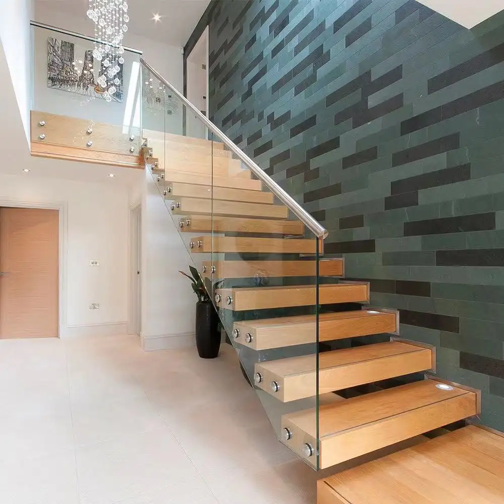 뜨거운 디자인 현대 다락방 나무 플로팅 직선 계단 나무 계단 밟기 보이지 않는 벽 측면 스트링거 계단