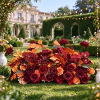 Chemin de table floral artificiel en soie, roses et dahlias bordeaux et orange, pour décoration de centre de table de mariage et de salle à manger
