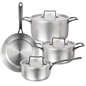 Home Kitchen New Design Snow Silver Surface Cooking Pots And Pans Tri-ply Stainless Steel Cookware Set