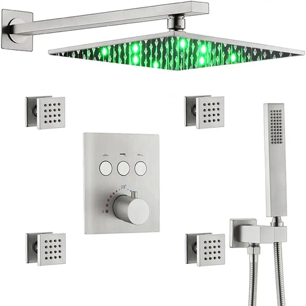 Sistema de ducha LED montado en la pared, conjunto de cabezal de ducha de lluvia y cascada con chorro corporal