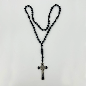Collier de prière catholique en hématite avec <span class=keywords><strong>chapelet</strong></span> noir perlé, crucifix et croix en verre lourd - Product Image 1