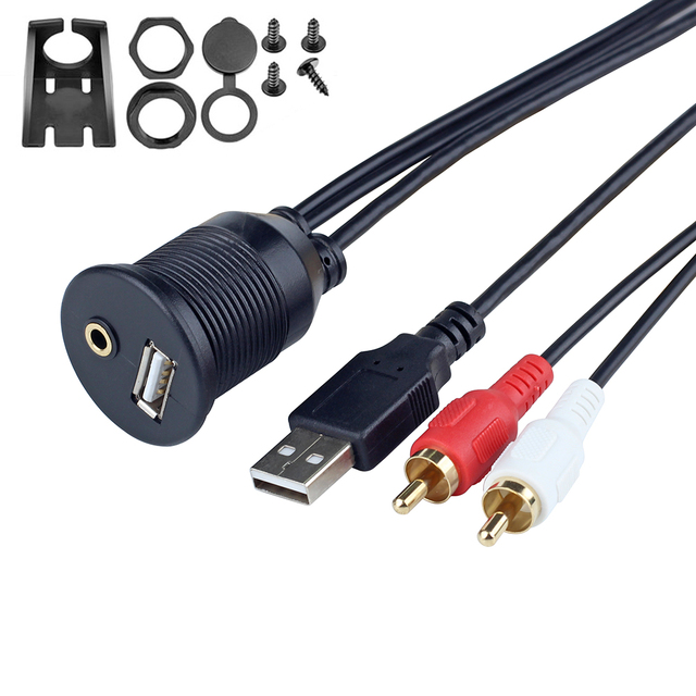 Car Dash USB AUX Port 3.5mm Jack 2 RCA Audio Extension Cable Flush Mount PVC Foil for Stereo Radio USB 2.0 Male Female Car