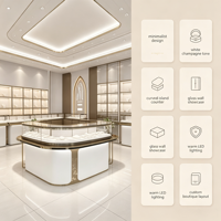 Solution complète d'aménagement de boutique de bijoux moderne et minimaliste : vitrine en verre blanc et or champagne, îlot incurvé