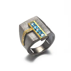 Simple Design Vintage Personality Rings,925 Sterling Silver Plated Gold Ring With Blue Topaz