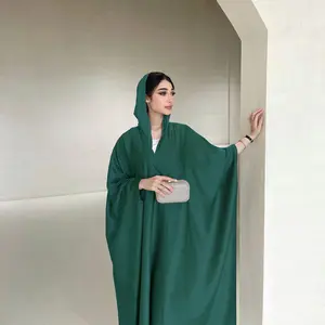 Musulmán Dubai modesto abrigo exterior frente abierto cárdigan moda suave liso satén tela murciélago manga túnica islámica mujer ropa Abaya