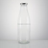 Bouteille en verre ronde transparente de 1L (1000ml) pour lait, jus et autres liquides, avec couvercle métallique – Vente en gros