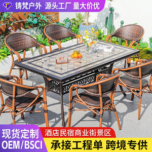 Ensemble de jardin en rotin, table et chaises d'extérieur 6 places, résistant à l'eau, mobilier de cour minimaliste - Product Image 2