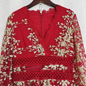 <span class=keywords><strong>Robe</strong></span> longue en maille à <span class=keywords><strong>pois</strong></span> pour femmes, nouvelle collection printemps 2023, col en v, broderie Lurex, manches 3/4, maille blanche et <span class=keywords><strong>rouge</strong></span> - Product Image 3