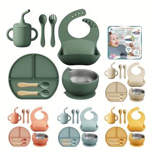 Ensemble de vaisselle pour bébé en silicone sans BPA, 8 pièces, assiette, bavoir, bol, cuillère, fourchette, tasse, ensemble d'alimentation pour bébé en silicone 9 en 1 - Product Image 2