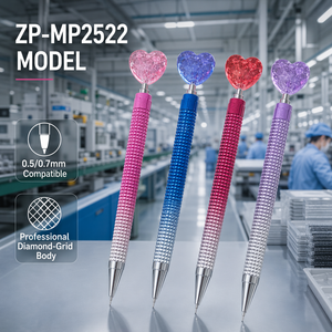 Custom Logo 0.5mm 0.7mm Heart Topper Mechanical Pencil ZP-MP2522 Diamond-Grid Body Kawaii Stationery For School Gifts Bulk