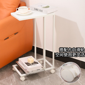 C Type Side <b>Table</b> With <b>Wheels</b> White 2 Tier Mobile Coffee <b>Table</b> <b>For</b> Living Room Small Space Multi Function - Product Image 2
