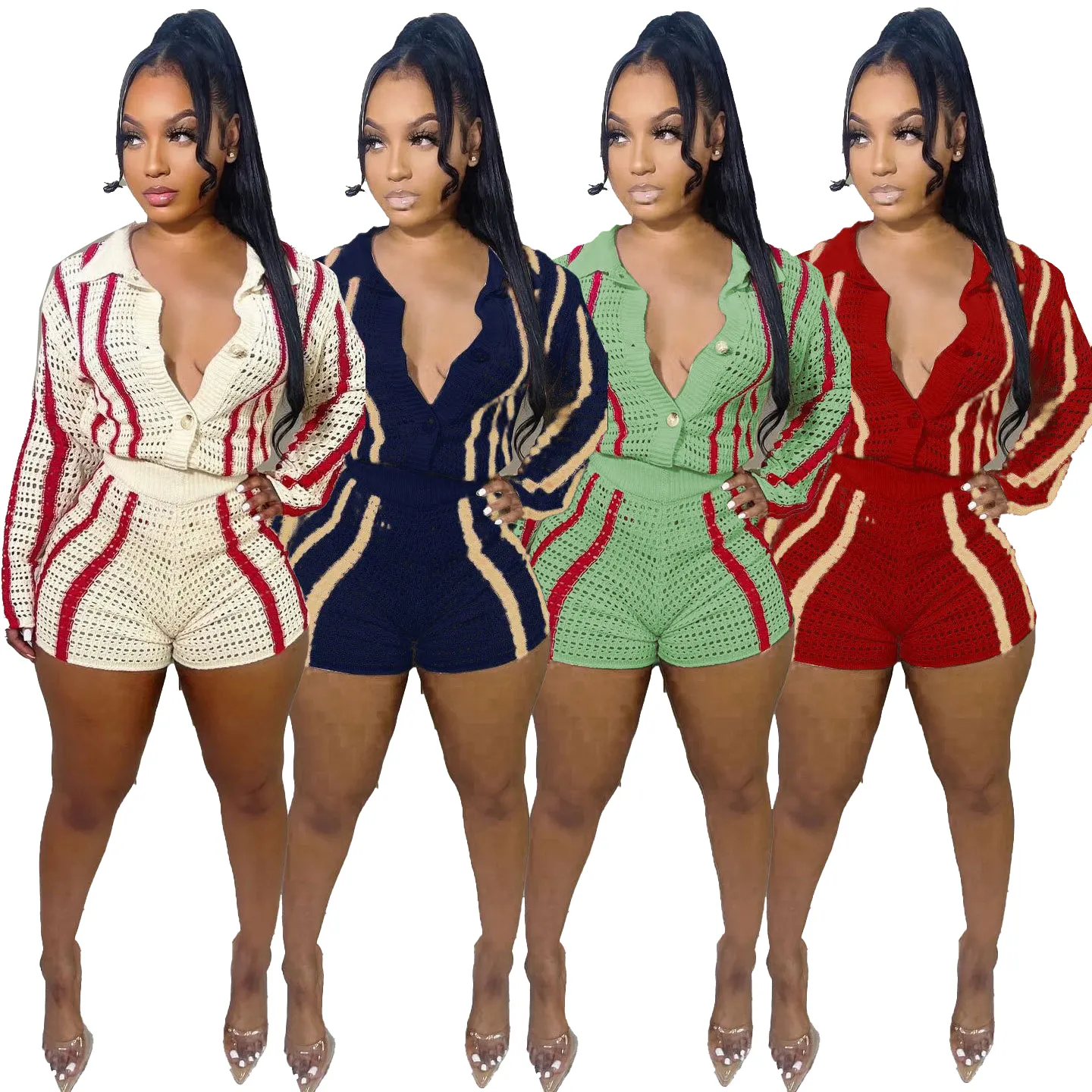 Hollow Out Sweater Cardigan Shorts Set Knitted Women Sweatsuit Set Tracksuit 2 Piece Set Outfits