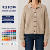 Cardigan en tricot épais personnalisé pour femme, col polo, beige avoine, boutonné, usine OEM ODM