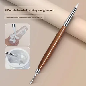 Pinceau à ongles multifonctionnel en bois de santal à double tête en poils de blaireau, brosse de sculpture en silicone pour mélange de colle 3D, outil écologique pour nail art - Product Image 2