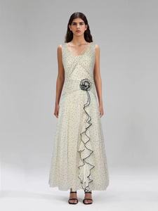 A10861 2025 Retro Vintage Empire Maxi vestido de lunares tirantes fruncido decoración transpirable tejido estambre uno para <span class=keywords><strong>primavera</strong></span> - Product Image 2