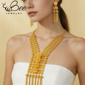 Joyería nupcial Habesha a prueba de agua, en oro intenso, para boda, Nigeria, color oro puro de 24k, collar y aretes florales, para venta al por mayor. - Product Image 1