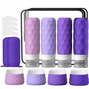 Ensemble de 16 flacons de voyage personnalisables avec logo, approuvés, étanches, avec manchons élastiques, pour articles de toilette et cosmétiques (violet) - Product Image 1