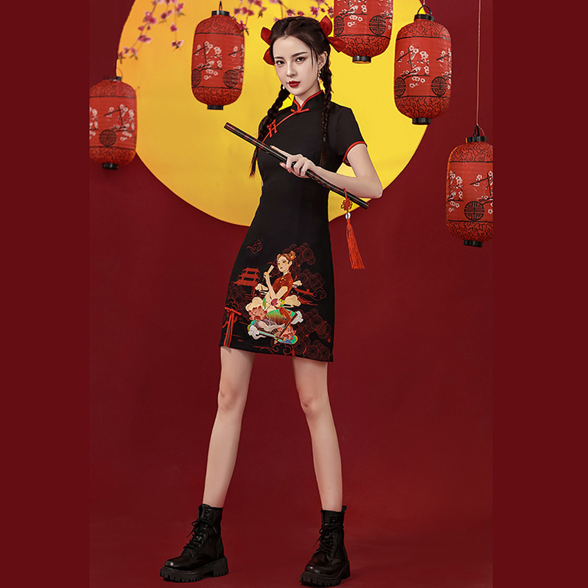 chinese dress black and red China black red blue chinese dress qipao dress wind split costumes temperament of the host party