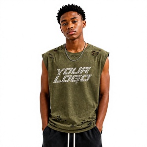 Wholesale Custom Logo Vintage Washed Ripped <b>Muscle</b> <b>T</b>-<b>Shirt</b> for <b>Men</b> Distressed Sleeveless Tank Top For Gym - Product Image 1