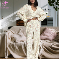 Loveda vente en gros femmes 100% coton fleur imprimé à manches longues pantalon ample deux pièces pyjamas