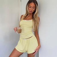 QINSI Ensemble Pyjama 2 Pièces Personnalisé avec Logo, Sexy, pour Femme, Débardeur en Dentelle et Short, Pyjama Modal Sans Manches, Nuisette Côtelée d'Été pour Femme