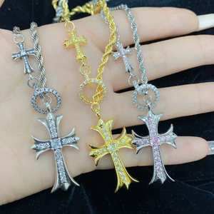 Bracelet unisexe pour couples, pendentif <span class=keywords><strong>croix</strong></span> en cuivre rétro classique avec diamants roses brillants, chaîne en bambou - Product Image 2