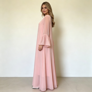 Vestidos Maxi Abaya Casuales y Modestos para Mujer, de Gasa Rosa Bebé Sólida, <span class=keywords><strong>con</strong></span> Cuello Redondo, Manga Larga <span class=keywords><strong>con</strong></span> Volantes, Forrados y Holgados, Venta al por Mayor - Product Image 2
