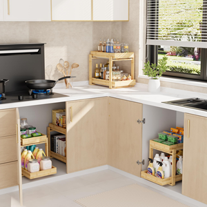 2 Pack Bamboo Wooden 2-Tier Pull-Out <b>Storage</b> Organizer with Sliding <b>Drawers</b> Under Sink <b>Storage</b> <b>for</b> Kitchen & Bathroom Cabinets - Product Image 3