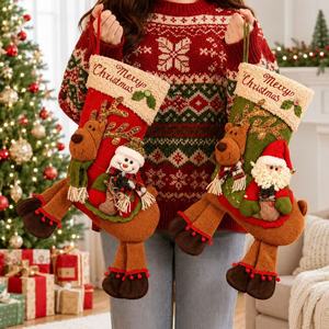 3D Plush Christmas Stockings Set Personalized Santa Snowman Reindeer Character Xmas <b>Fireplace</b> Hanging Decor Two sizes - Product Image 2