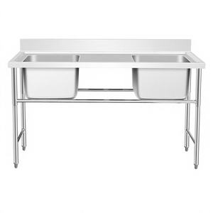 Fabrication et assemblage de mobilier de cantine scolaire en acier inoxydable 201 304, table de travail avec 2 éviers - Product Image 2