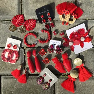 Kaimei Red Pendant Za Earrings 2019 Handmade Resin Flower Crystal Beads Statement Bridal Earring Dangle Drop Earrings