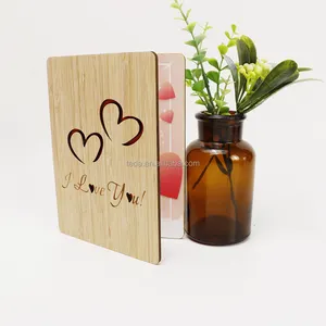 HK01 Double Heart design Wedding Anniversary Decoration Bamboo Greeting cards with Envelope Laser cut Valentine's Day