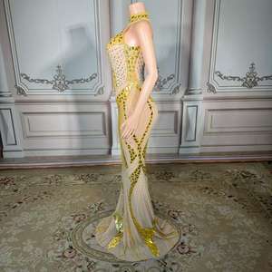 <span class=keywords><strong>Vestido</strong></span> Maxi Elegante y Sexy de Chifón con Pedrería y Hombros Descubiertos ZD - Dorado Brillante Transpirable para Fiestas, Banquetes y Cumpleaños - Product Image 4