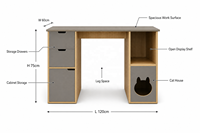 Bureau d'ordinateur multifonctionnel avec niche pour chat intégrée |   3 tiroirs de rangement |   Bois multicouche 120x60x75cm
