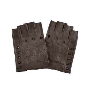 Noir Brun Gris Sans Doublure Mode Clouté Hommes Mitaines Demi Doigt D'entraînement Fitness Moto Vélo <span class=keywords><strong>Gants</strong></span> En Cuir - Product Image 3