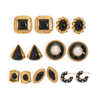 Set Anting Tusuk Berlapis Emas Hitam untuk Wanita, Anting Lingkaran Geometris Vintage dengan Mutiara dan Enamel, Perhiasan Fashion