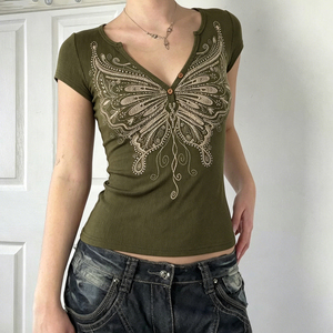 T-shirt côtelé blanc à imprimé papillon pour femme avec boutons, col en V, manches courtes, coupe ajustée, haut décontracté, nouveau style 2026 - Product Image 4