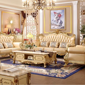 Juego de Sofás Seccionales de Cuero Tallado en Madera Sólida de Alta Gama para Sala de Estar, Estilo Real de Lujo, Más Vendido - Product Image 1