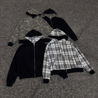 Sweat-shirt réversible à capuche zippé en maille gaufrée pour homme, coupe oversize et carrée, motifs camouflage et à carreaux, coloris noir, vente en gros OEM