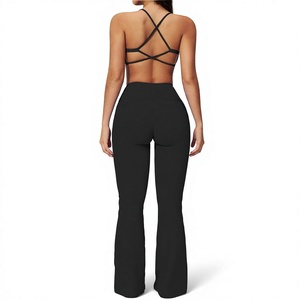 Ensemble de yoga 2 pièces : Leggings taille haute et soutien-gorge de sport dos nu à col en V profond, sans couture, noir uni, respirant, pour l'entraînement - Product Image 3